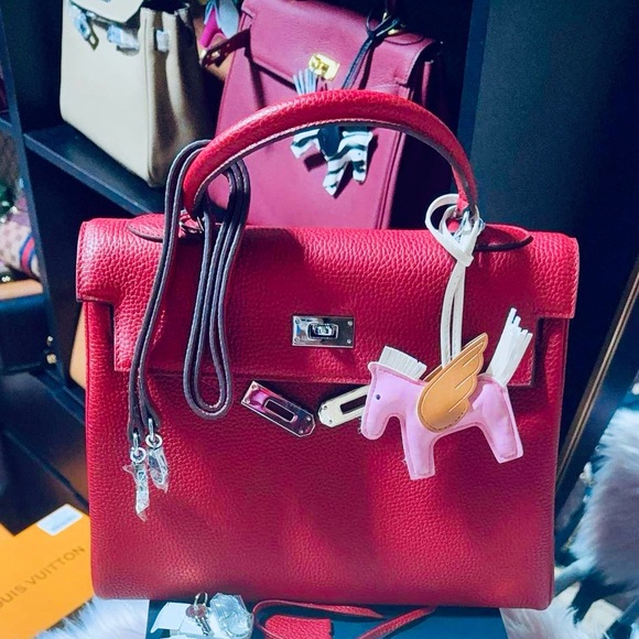 Red Leather Satchel with Bag Charms and Crossbody Strap - Picture 1 of 4